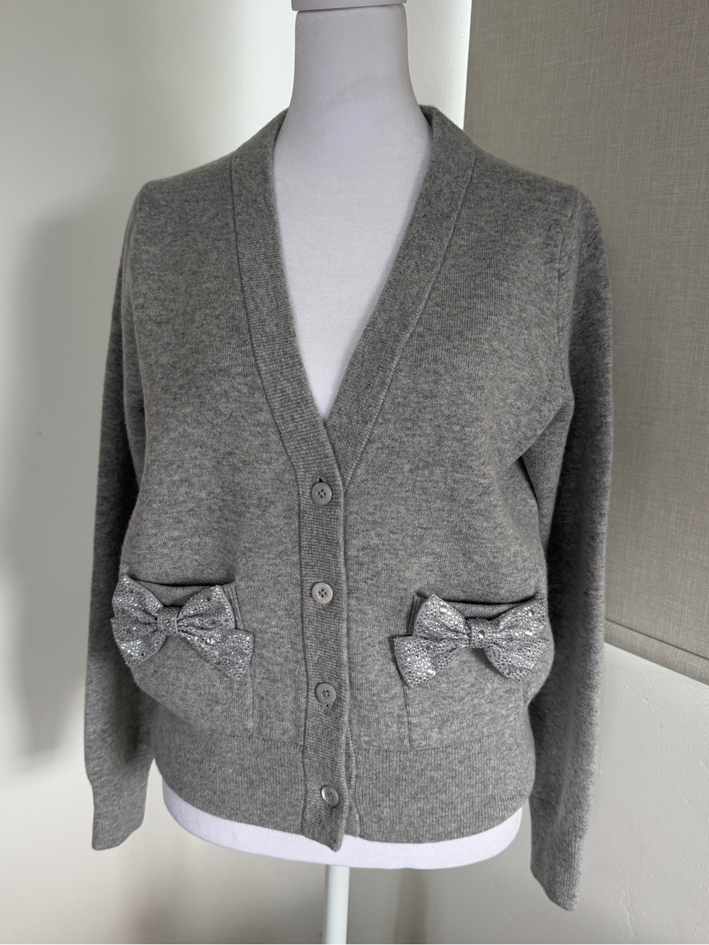 kate spade Gray V-Neck sparkle Bow Pocket Cardigan XXS New w Tags